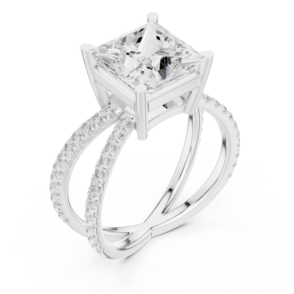 Princess crossover pave engagement ring white gold angle view