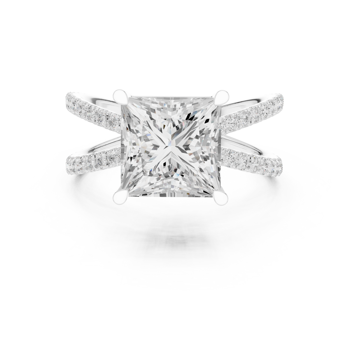 Princess crossover pave engagement ring white gold detail view