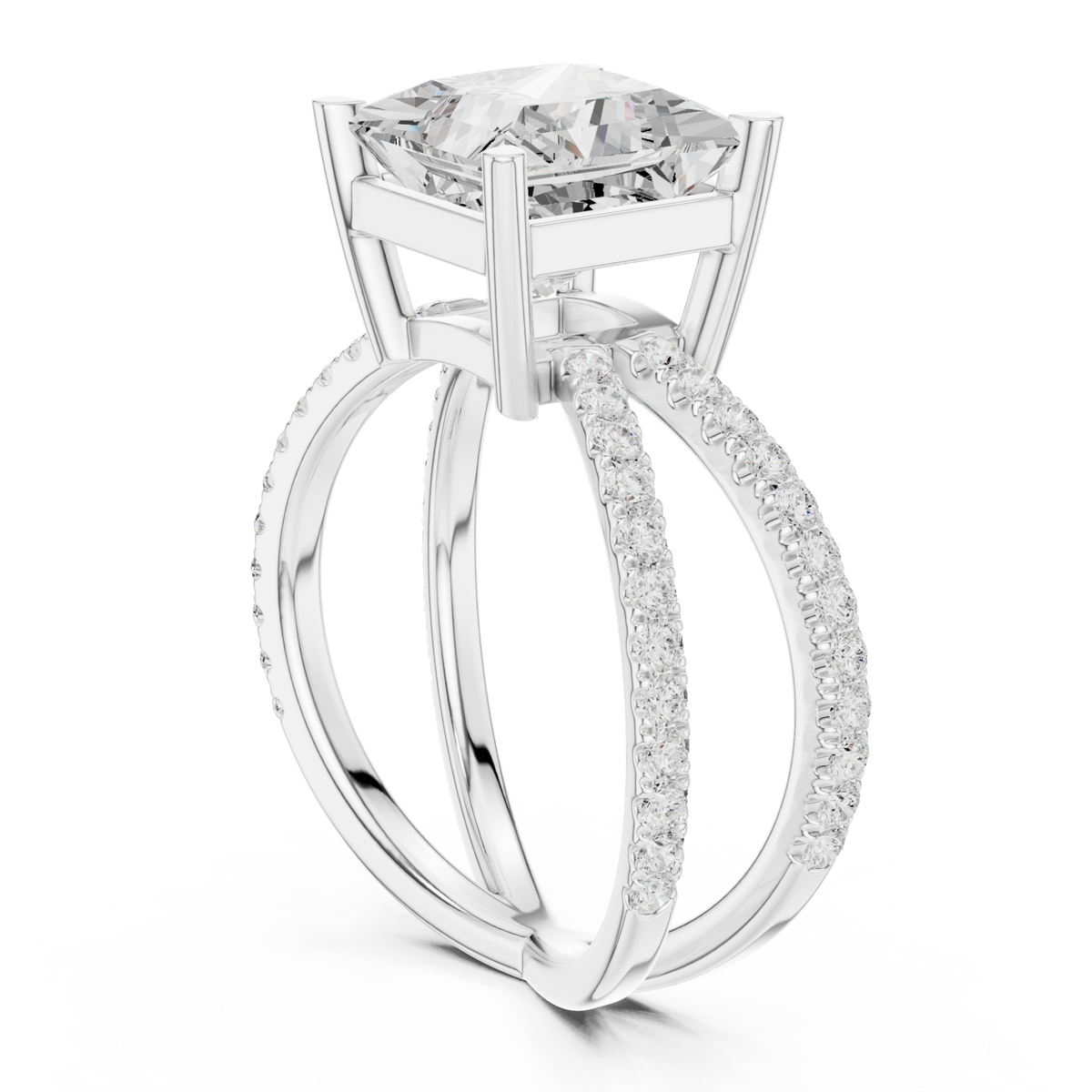 Princess crossover pave engagement ring white gold front view