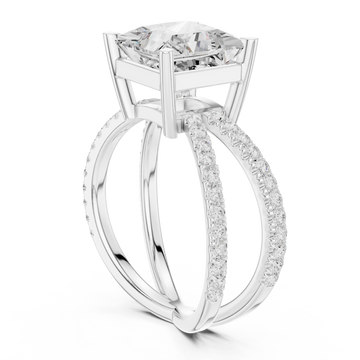 Princess crossover pave engagement ring white gold front view