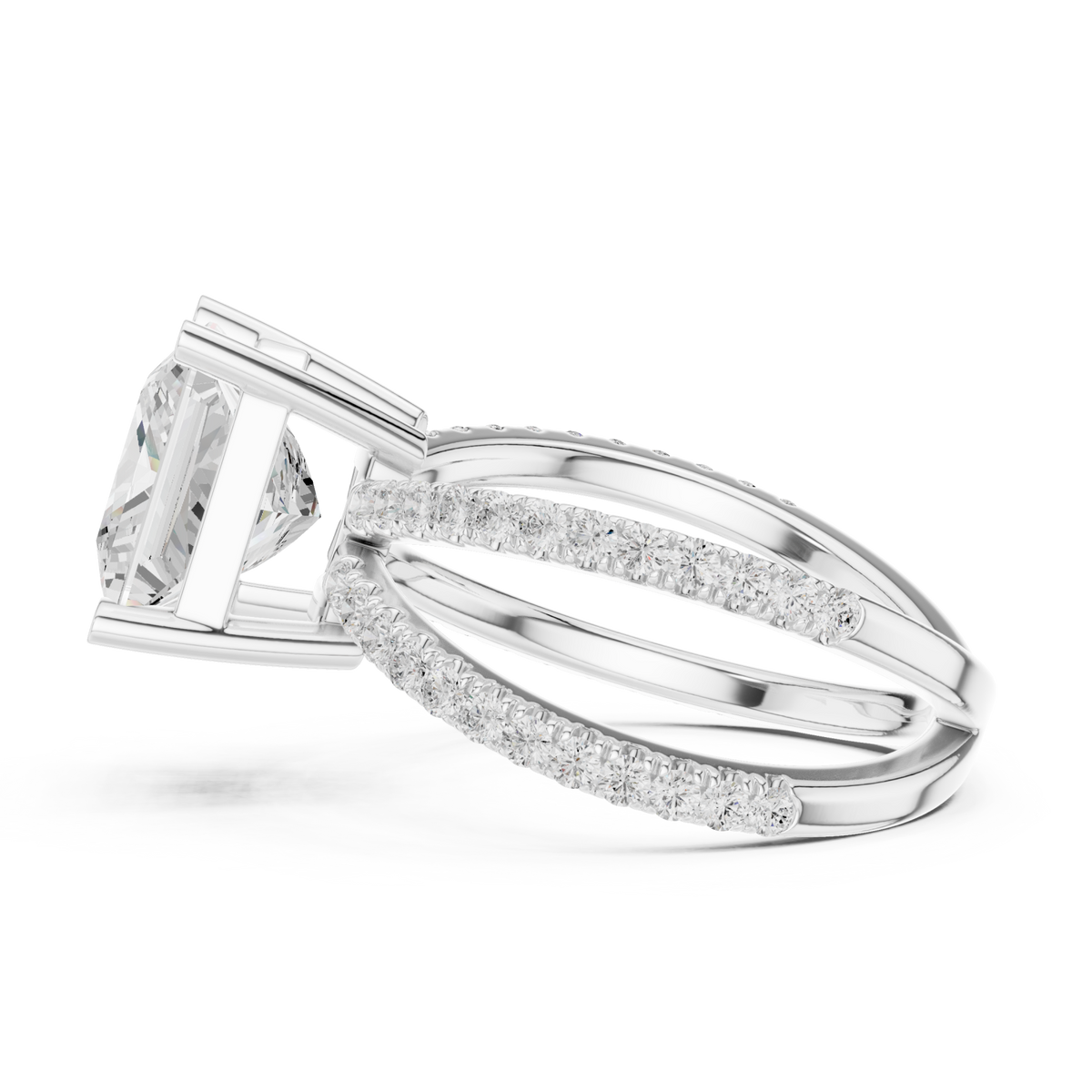 Princess crossover pave engagement ring white gold side view
