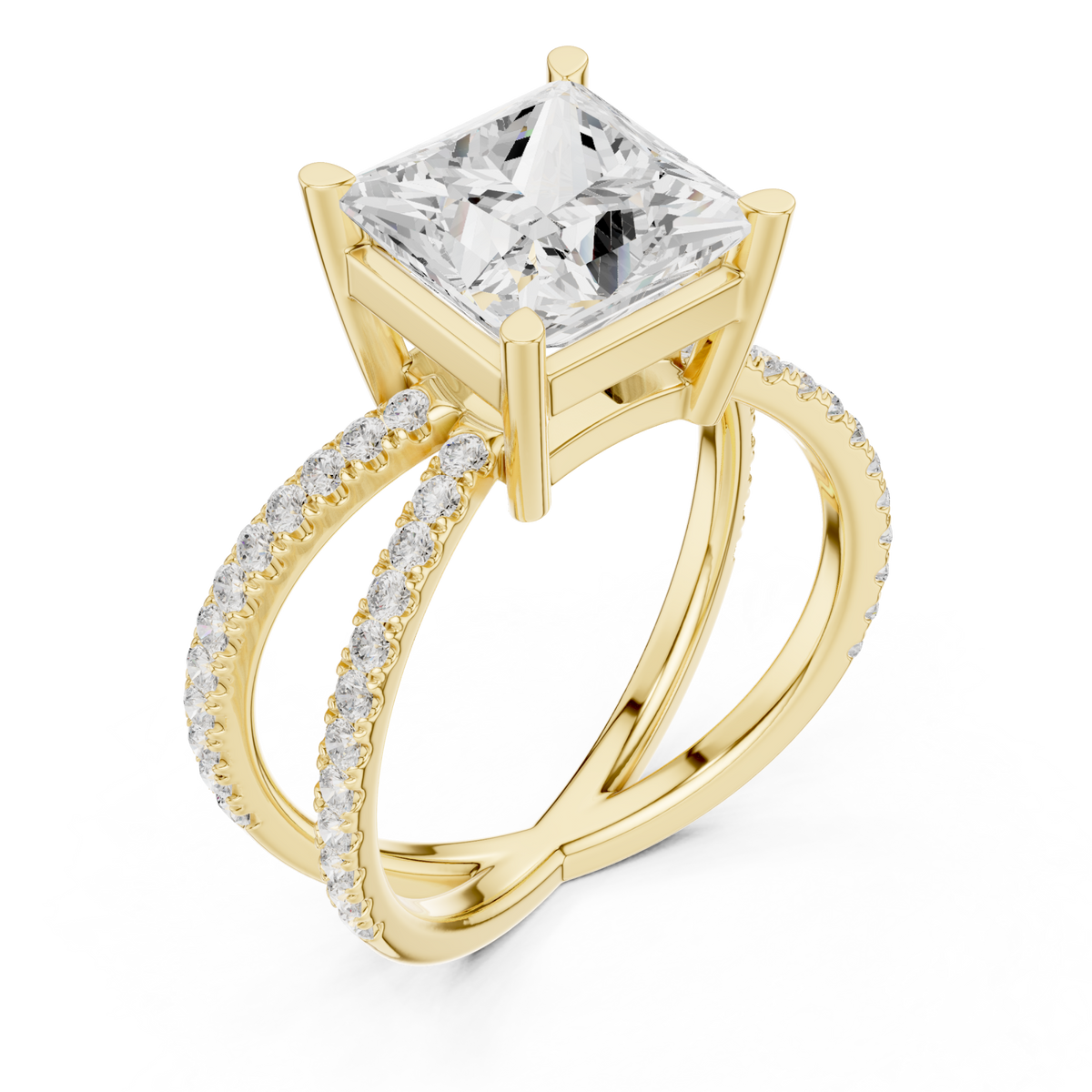 Princess crossover pave engagement ring yellow gold angle view