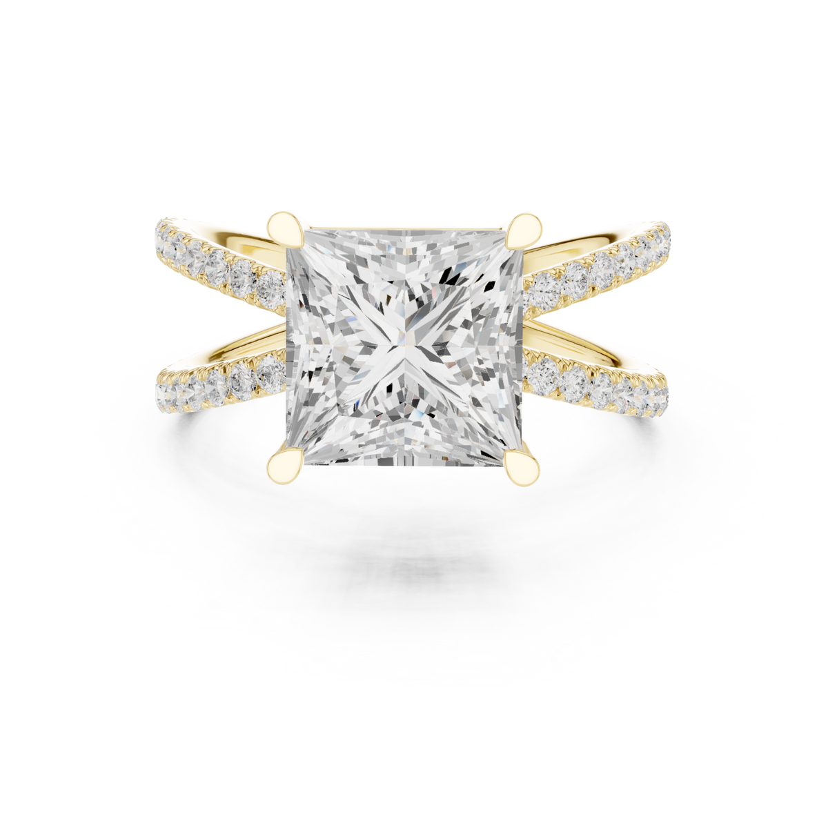 Princess crossover pave engagement ring yellow gold detail view