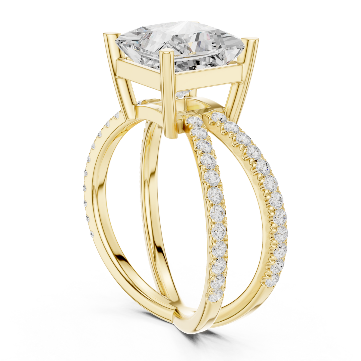 Princess crossover pave engagement ring yellow gold front view