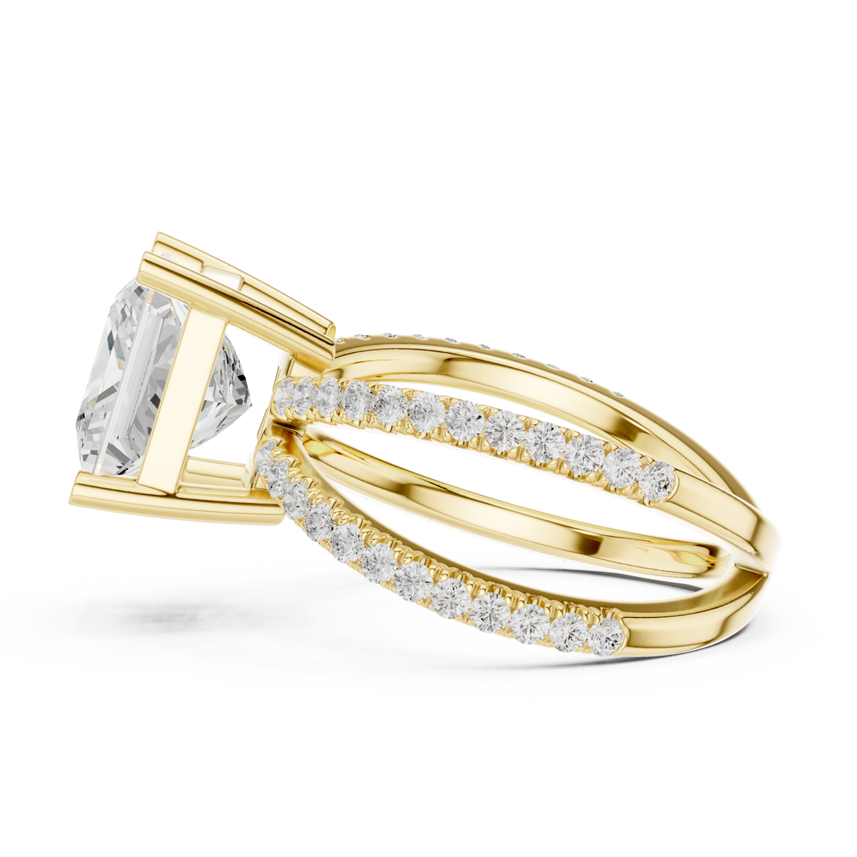 Princess crossover pave engagement ring yellow gold side view