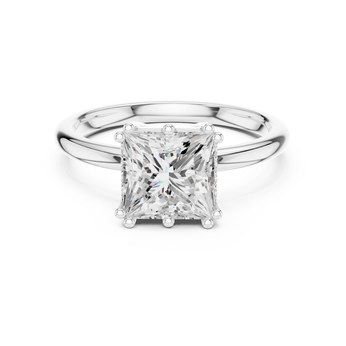 Princess crown basket solitaire ring white gold detail view