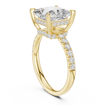 Princess crown hidden halo pave engagement ring yellow gold front view