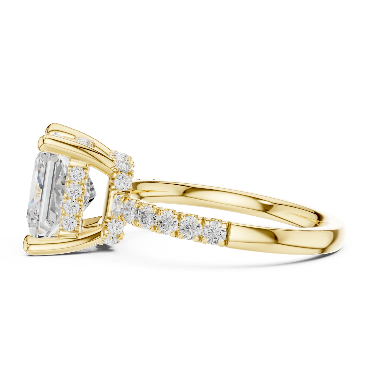 Princess crown hidden halo pave engagement ring yellow gold side view