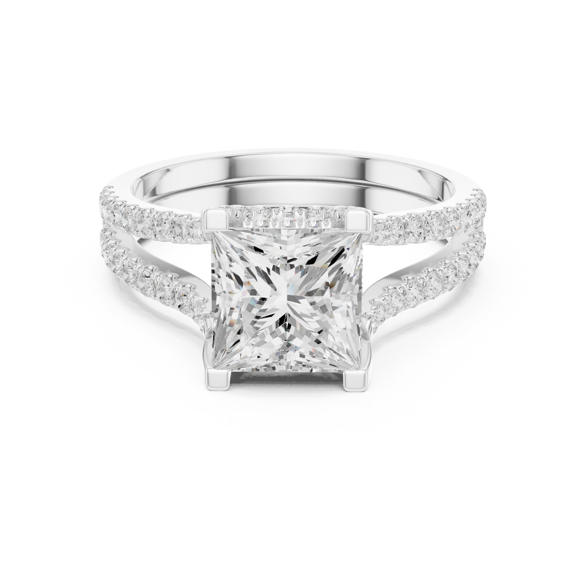 Princess curved split shank pave engagement ring white gold detail view