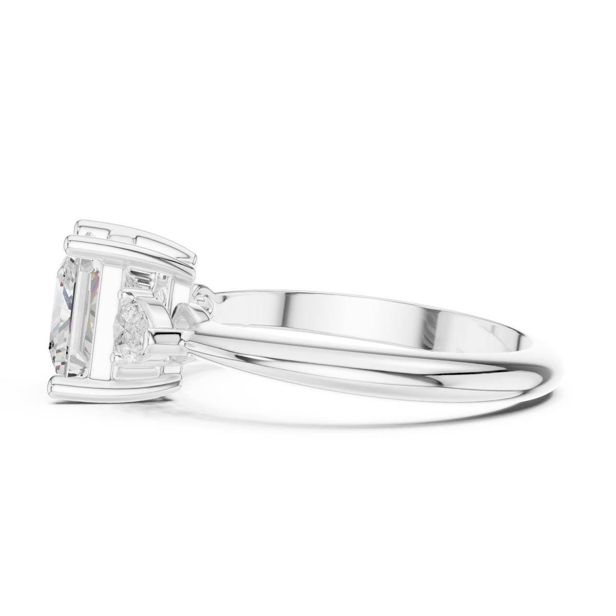 Princess east-west pear three stone engagement ring white gold side view