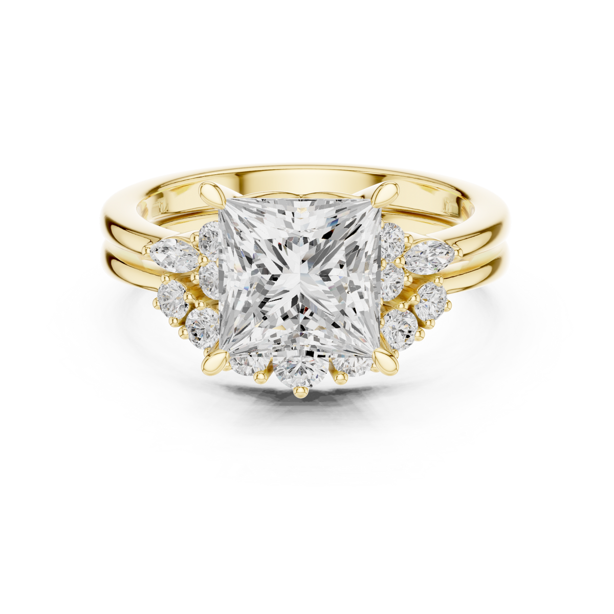 Princess floral cluster bridal set yellow gold detail view