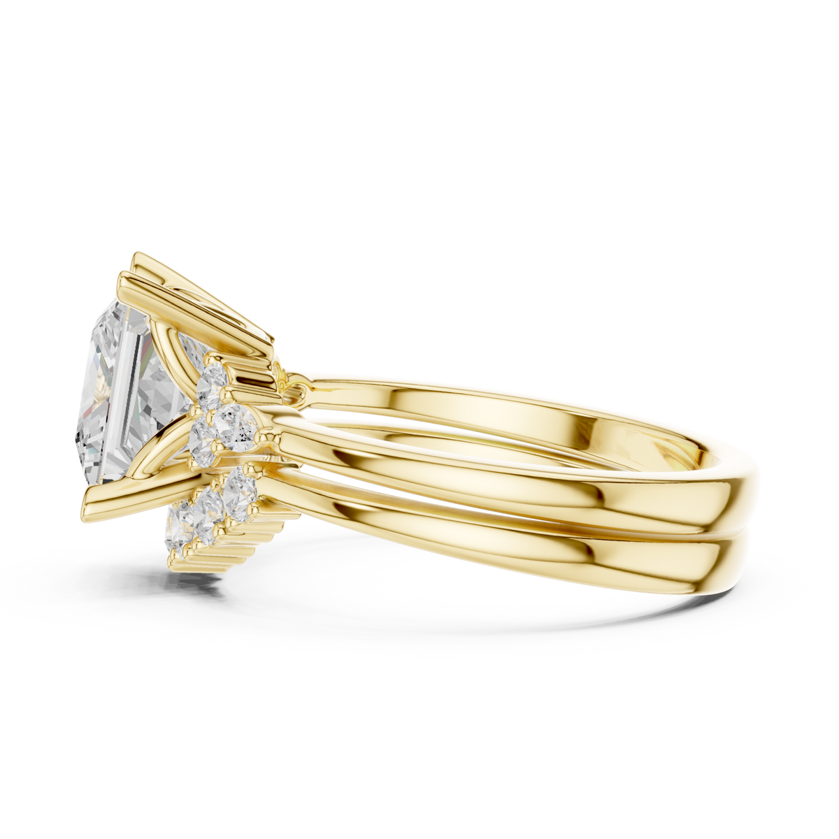 Princess floral cluster bridal set yellow gold side view