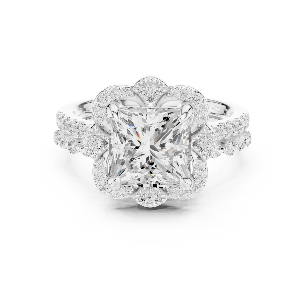 Princess floral crown bridal set white gold detail view