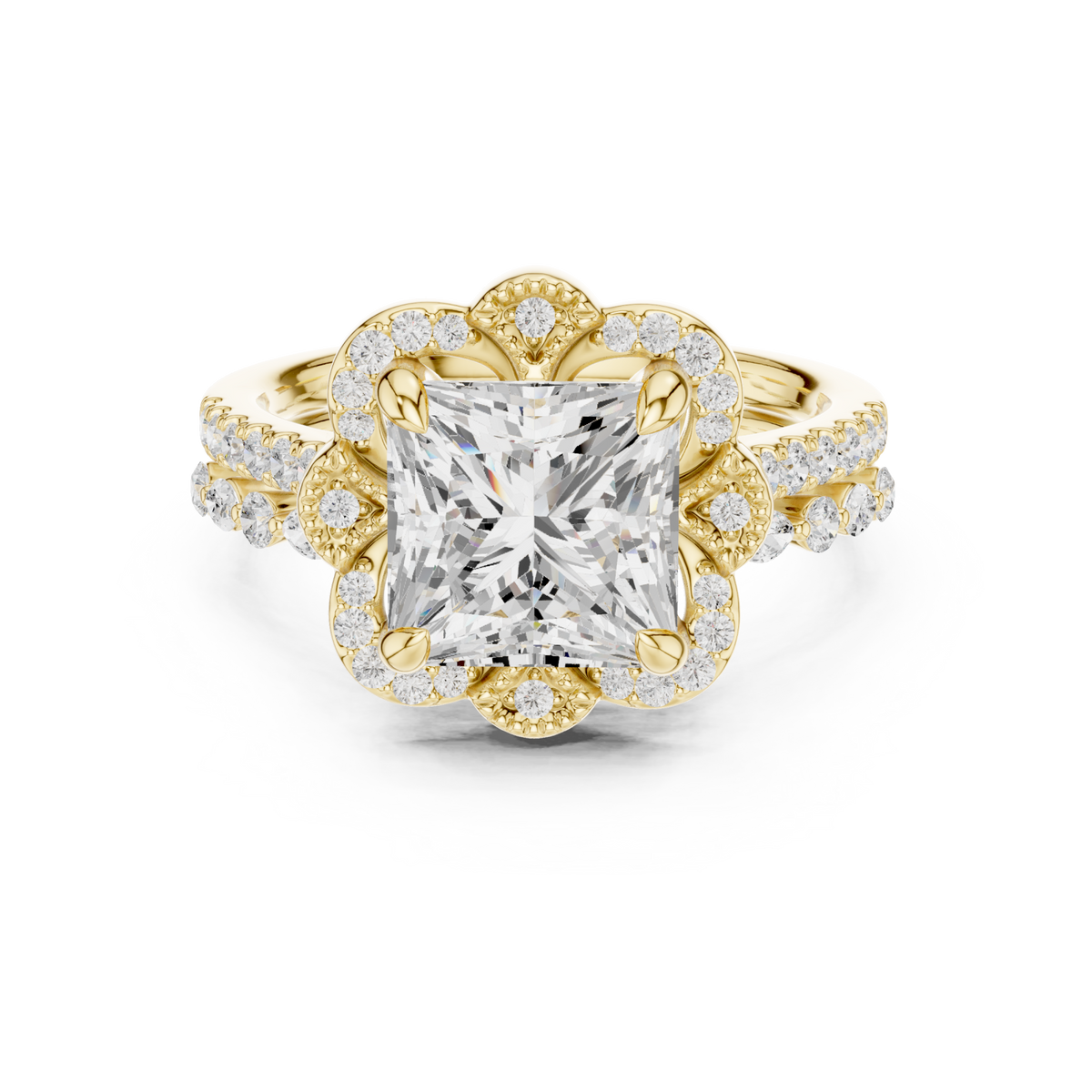 Princess floral crown bridal set yellow gold detail view