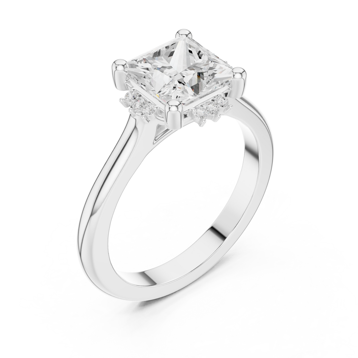 Princess floral halo engagement ring white gold angle view