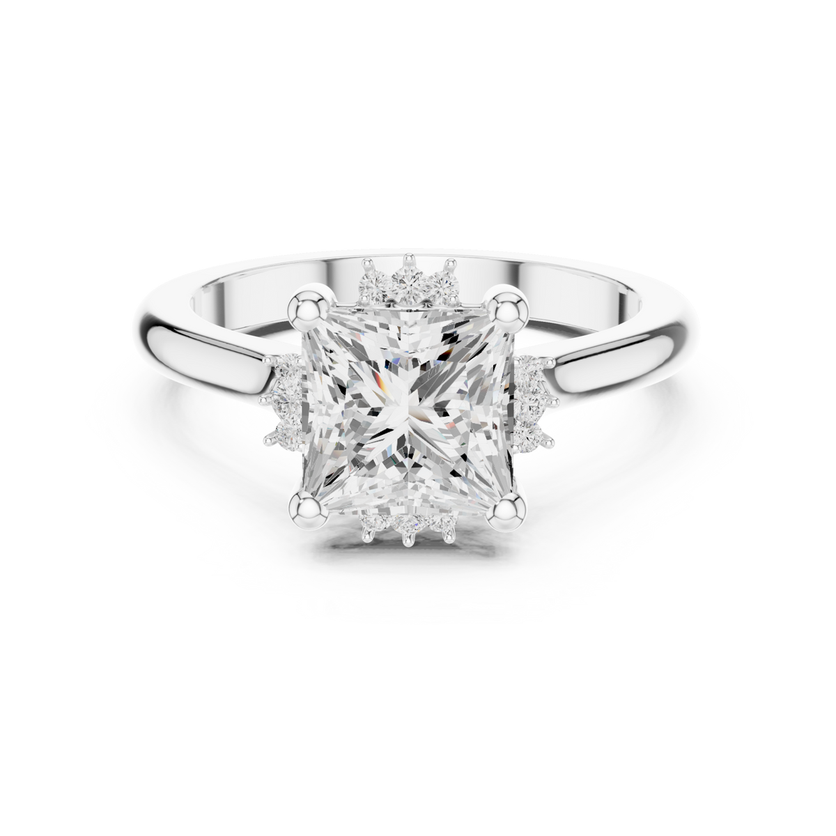 Princess floral halo engagement ring white gold detail view