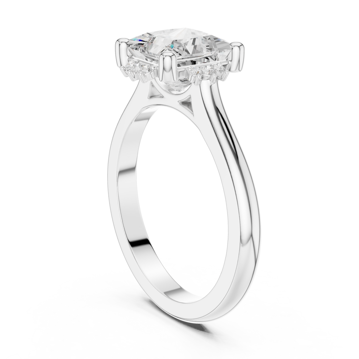 Princess floral halo engagement ring white gold front view