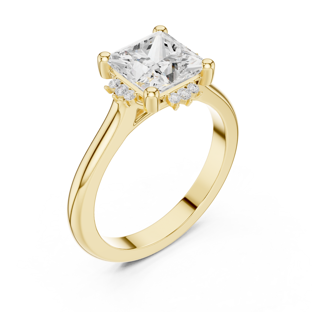 Princess floral halo engagement ring yellow gold angle view