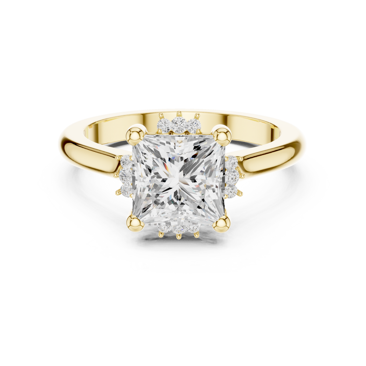 Princess floral halo engagement ring yellow gold detail view