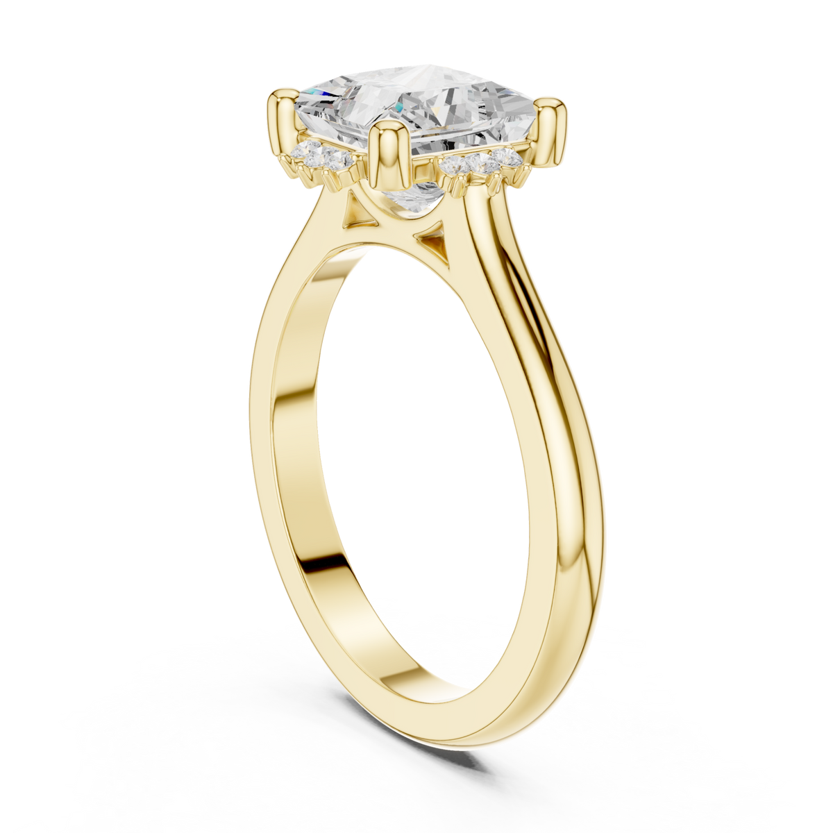 Princess floral halo engagement ring yellow gold front view