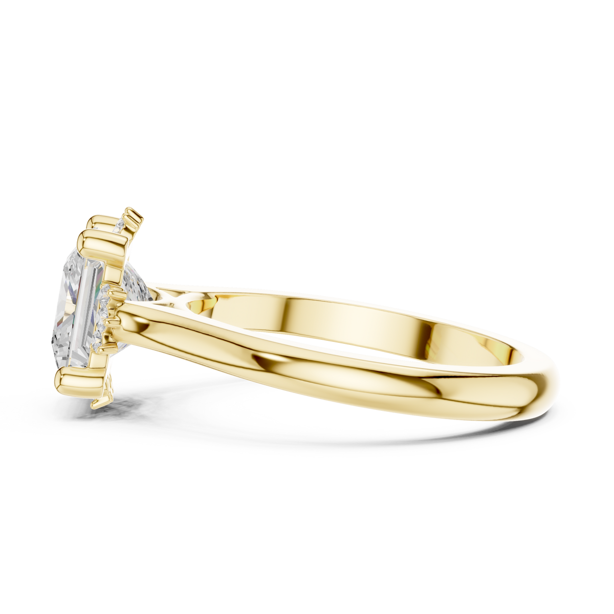 Princess floral halo engagement ring yellow gold side view