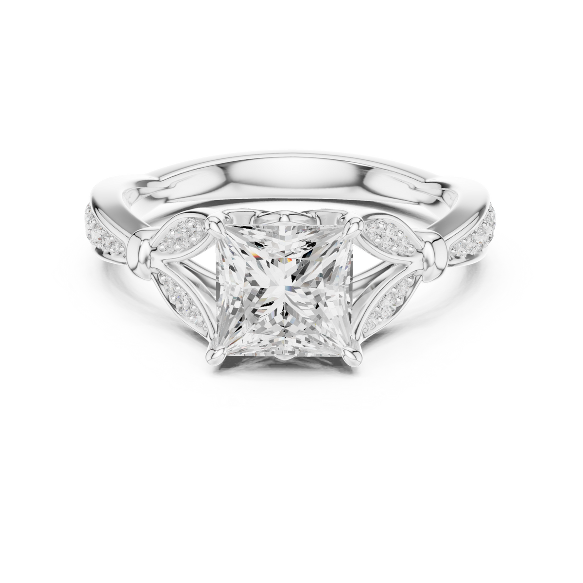 Princess floral leaf pave engagement ring white gold detail view