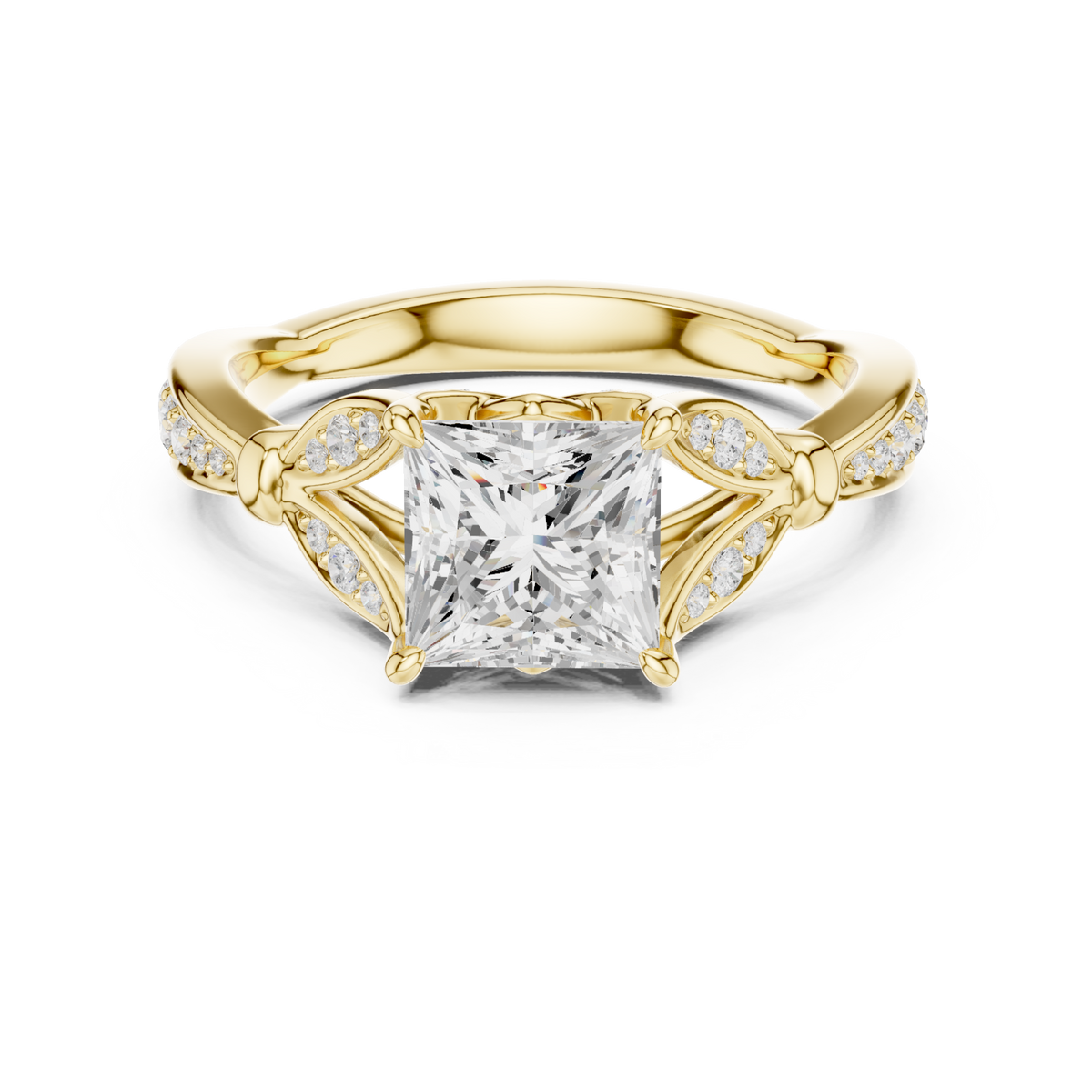 Princess floral leaf pave engagement ring yellow gold detail view