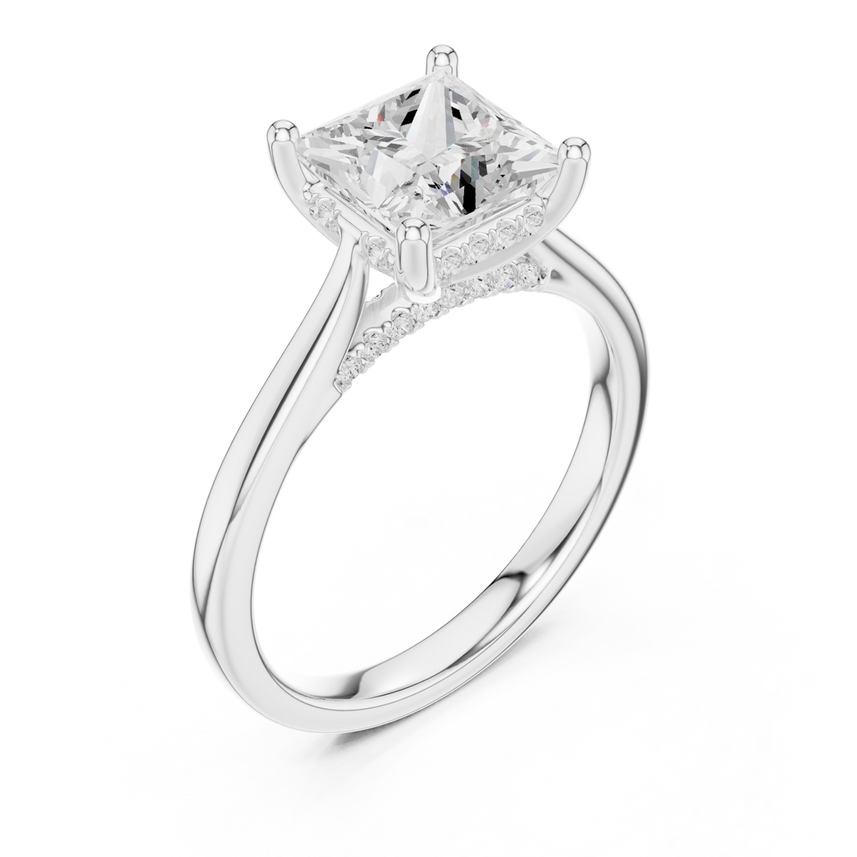 Princess hidden halo cathedral solitaire engagement ring white gold angle view