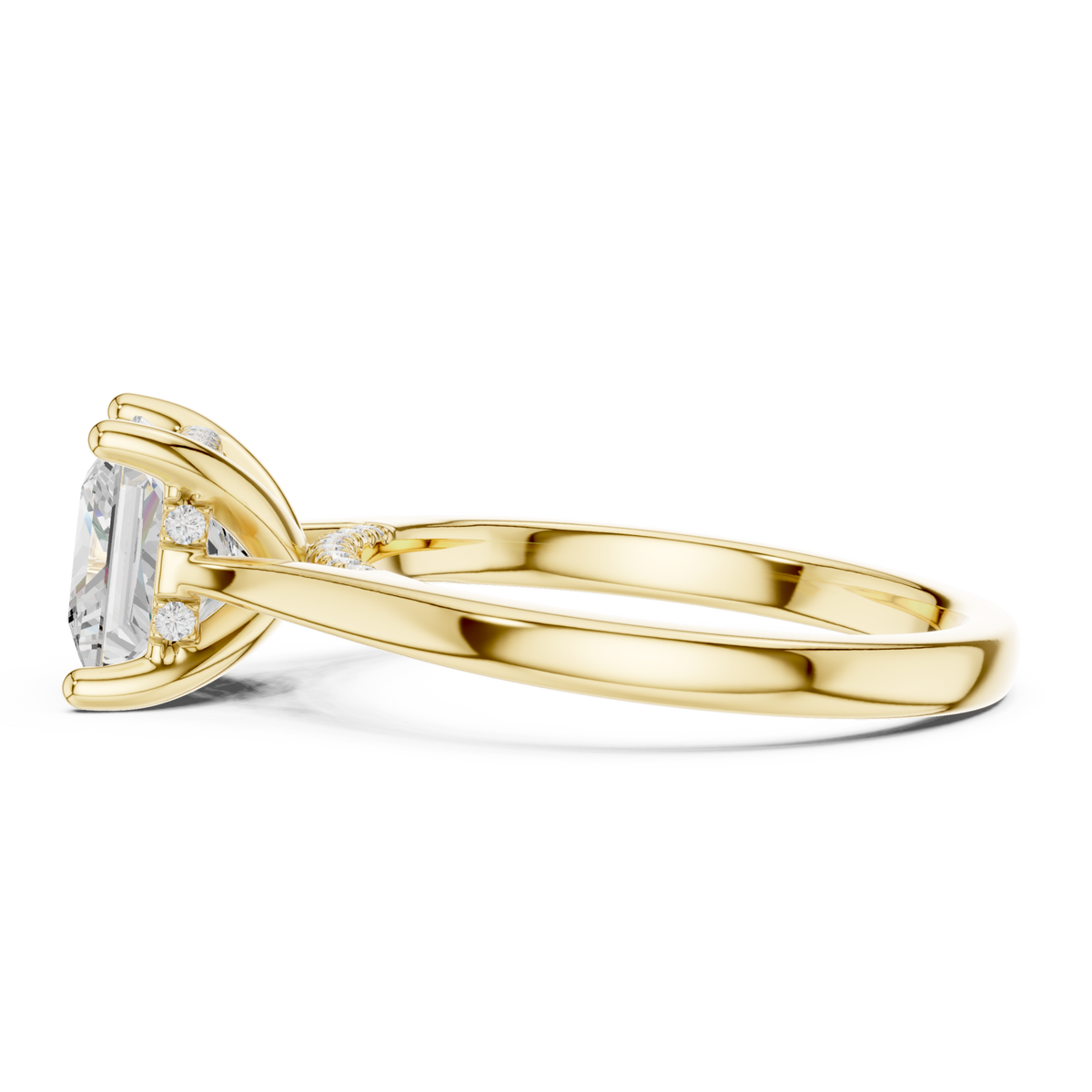 Princess hidden halo cathedral solitaire engagement ring yellow gold side view