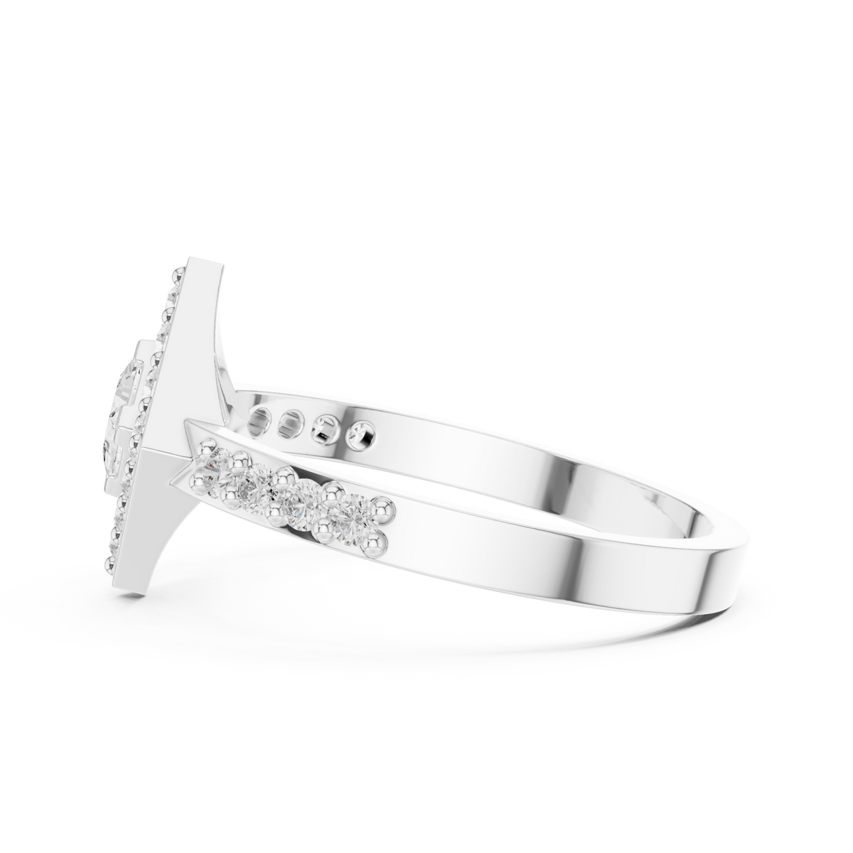 Princess kite halo ring white gold angle view