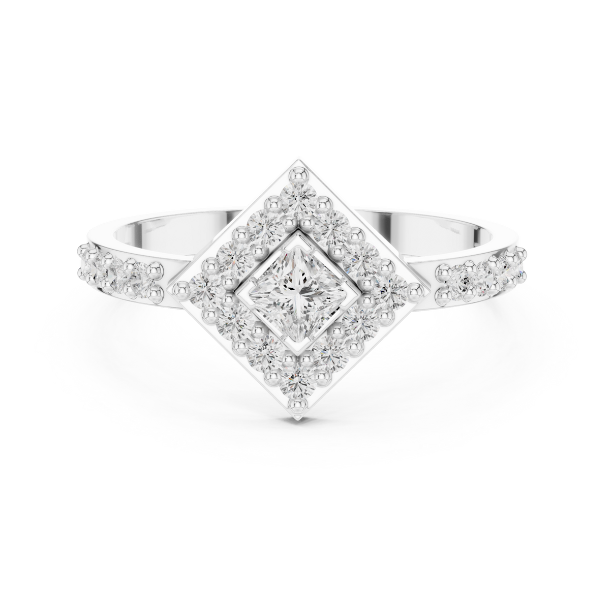 Princess kite halo ring white gold detail view