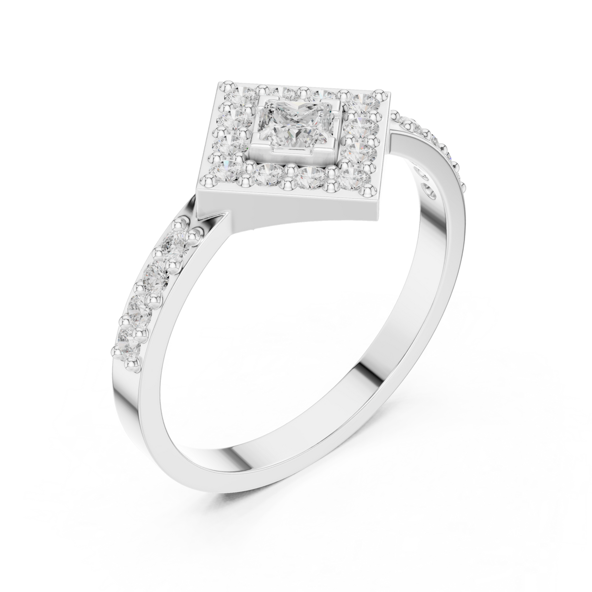 Princess kite halo ring white gold front view