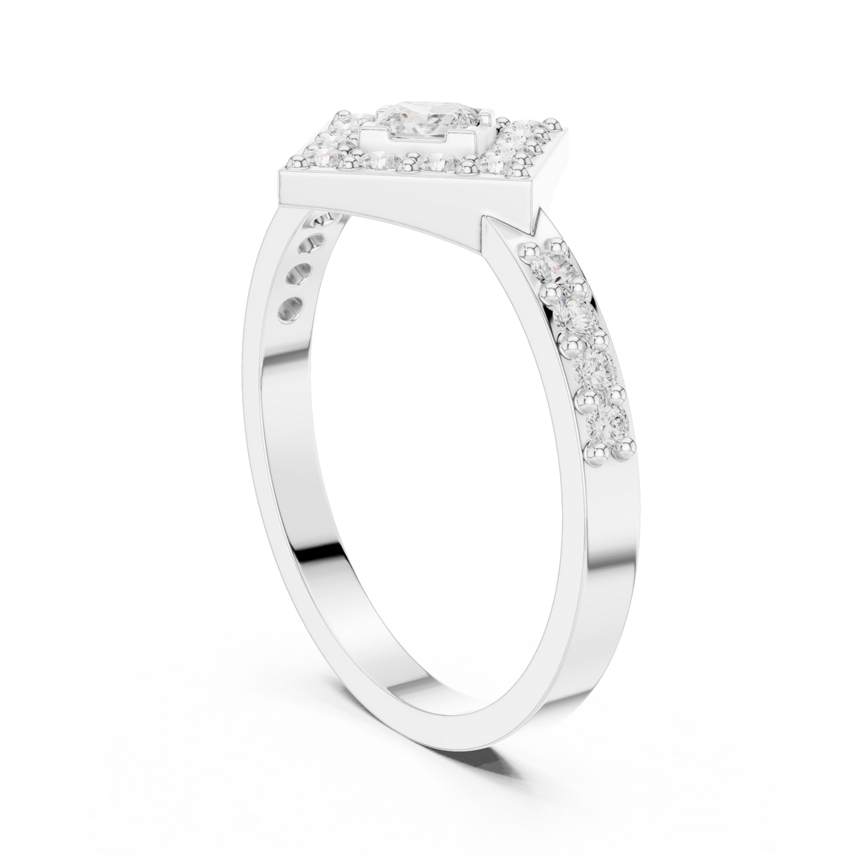 Princess kite halo ring white gold side view