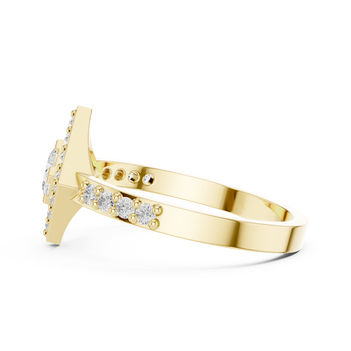 Princess kite halo ring yellow gold angle view