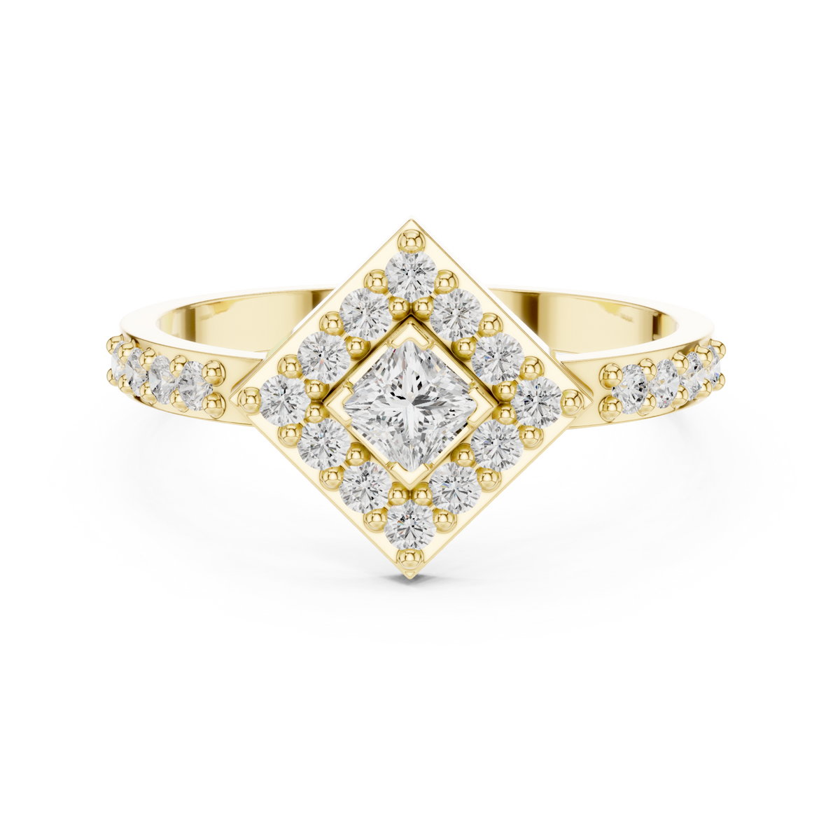 Princess kite halo ring yellow gold detail view