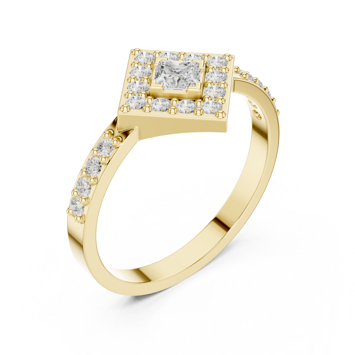 Princess kite halo ring yellow gold front view