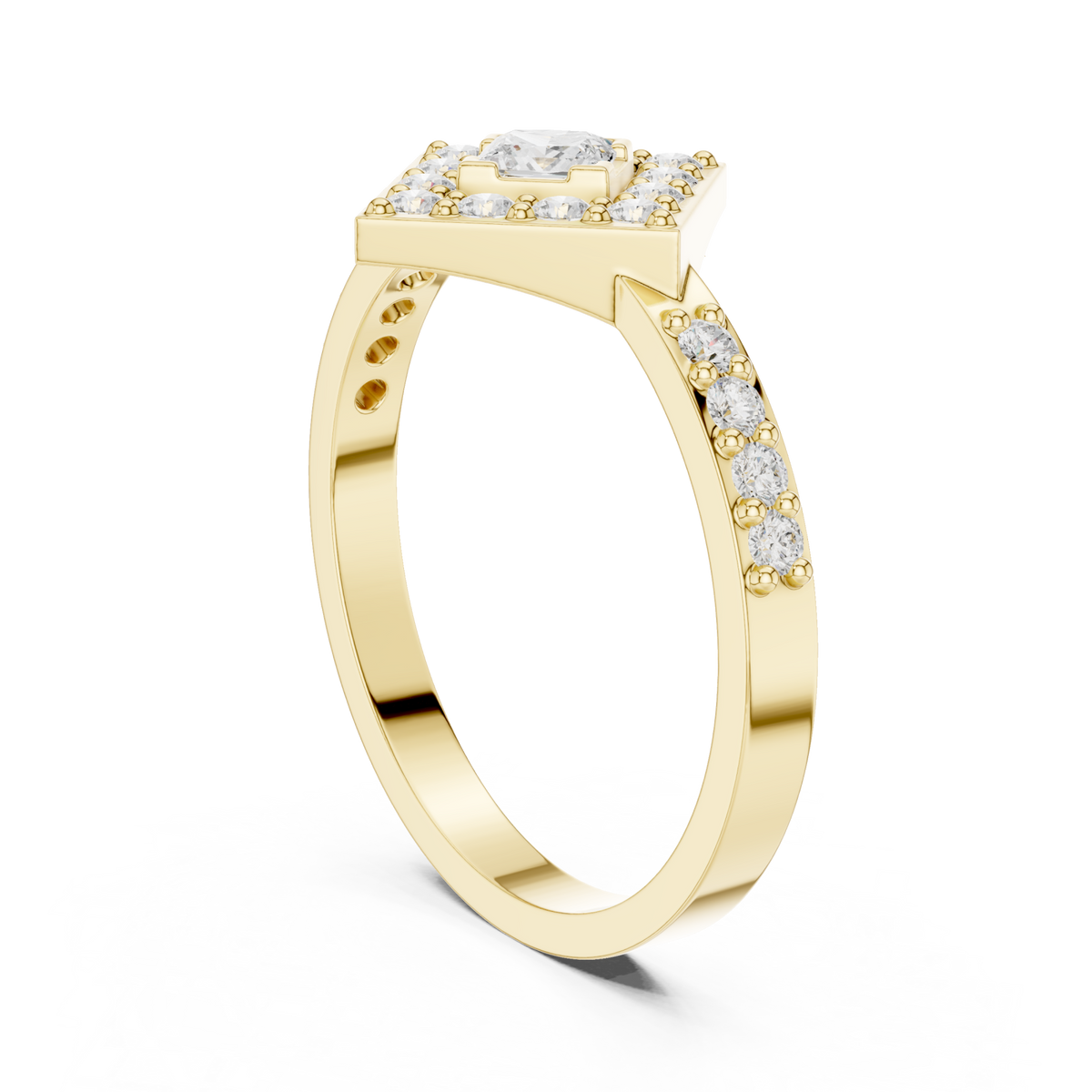 Princess kite halo ring yellow gold side view