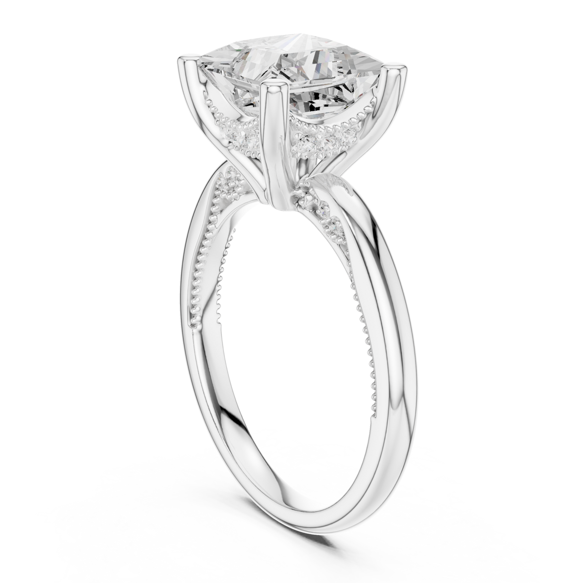 Princess milgrain accent solitaire engagement ring white gold front view