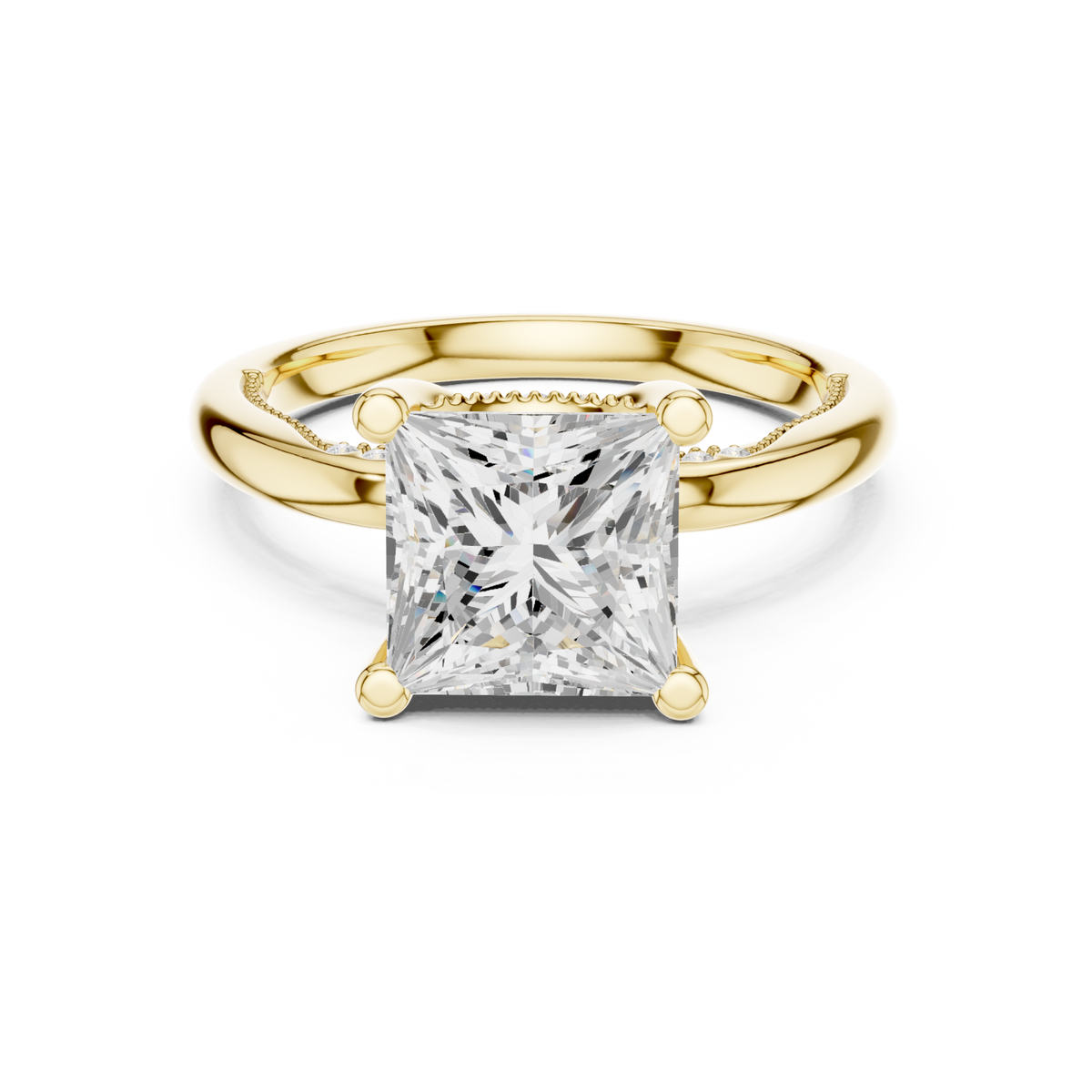 Princess milgrain accent solitaire engagement ring yellow gold detail view