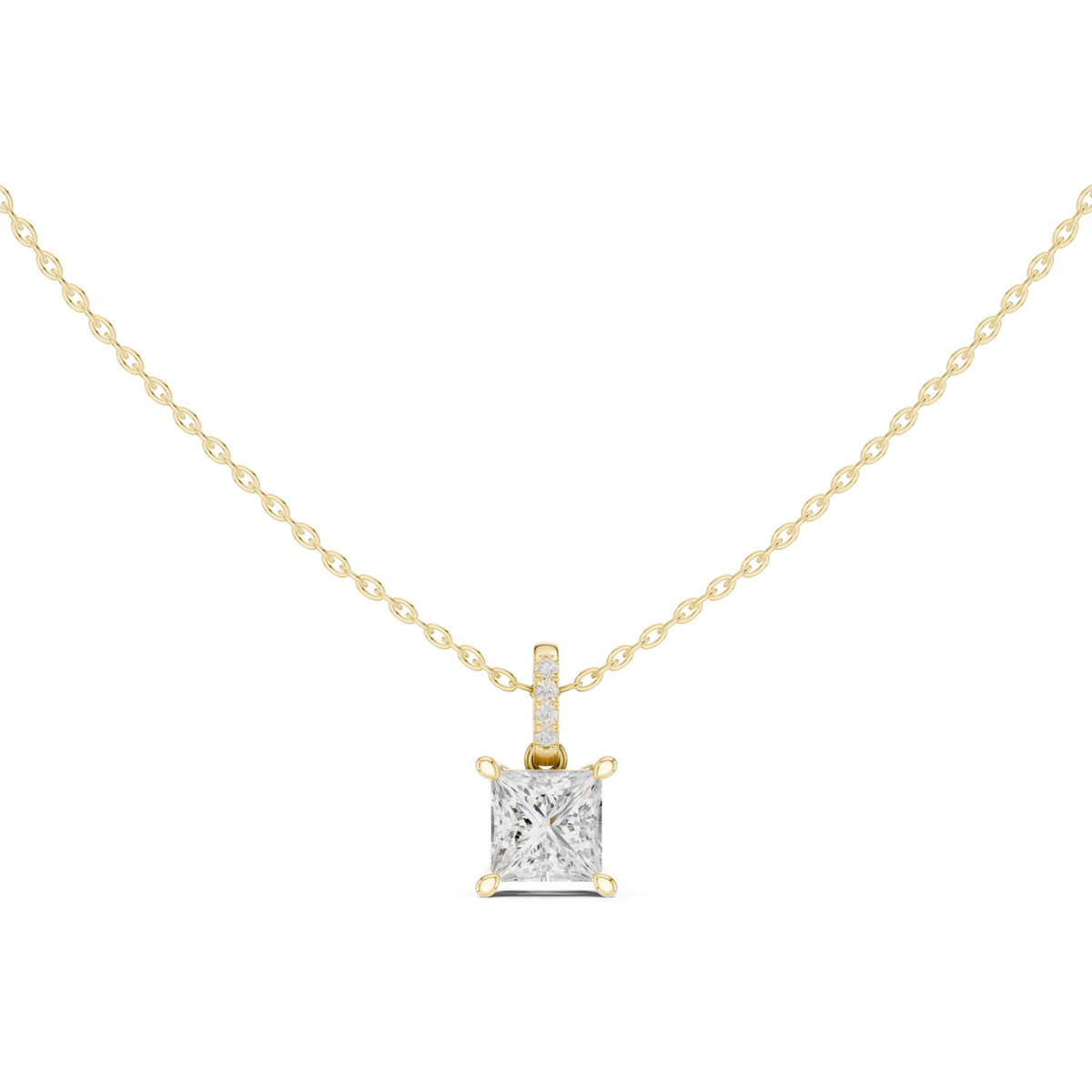 Princess pave bail solitaire pendant yellow gold detail view