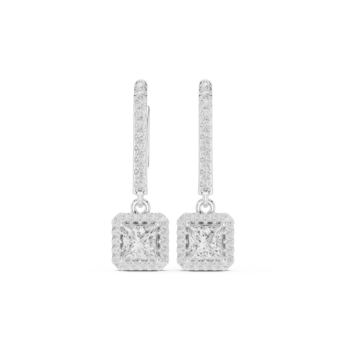  White Gold Princess Pave Bar Halo Drop Earrings Detail View