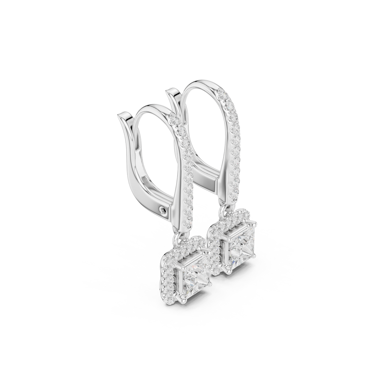  White Gold Princess Pave Bar Halo Drop Earrings Front View