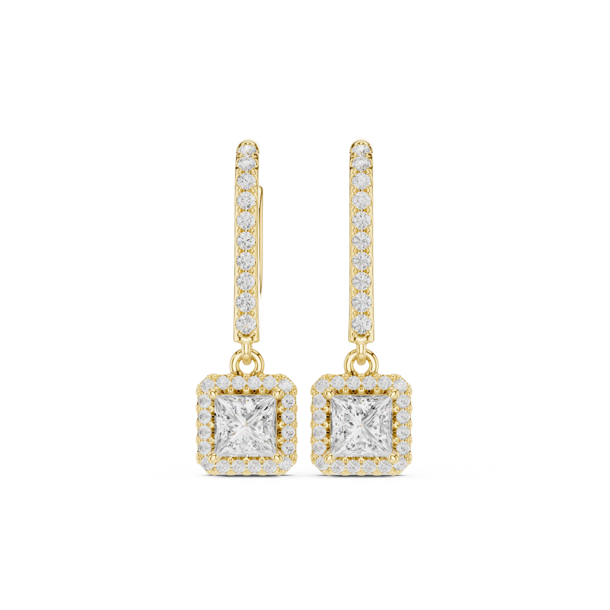  Gold Princess Pave Bar Halo Drop Earrings Detail View
