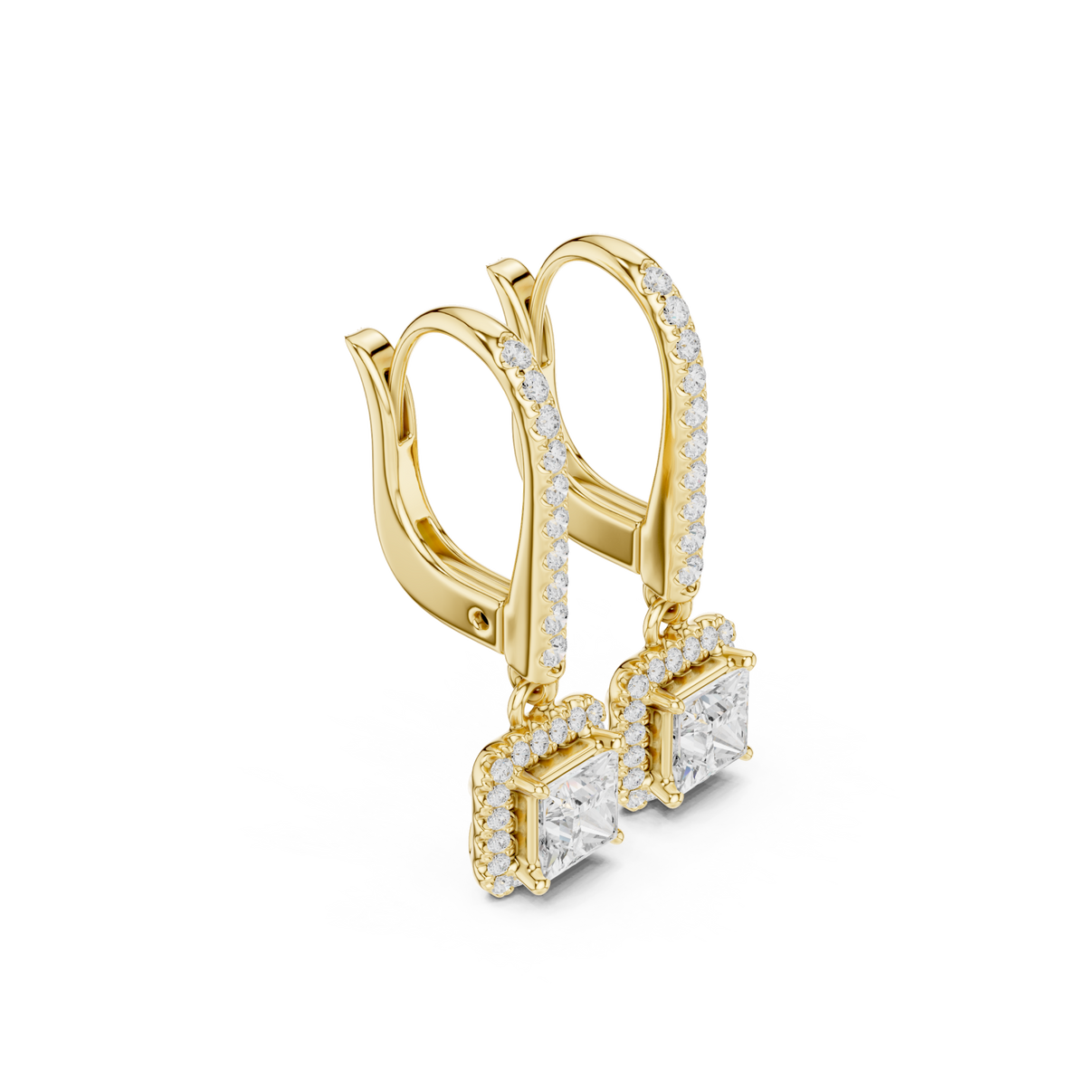 Gold Princess Pave Bar Halo Drop Earrings Front View