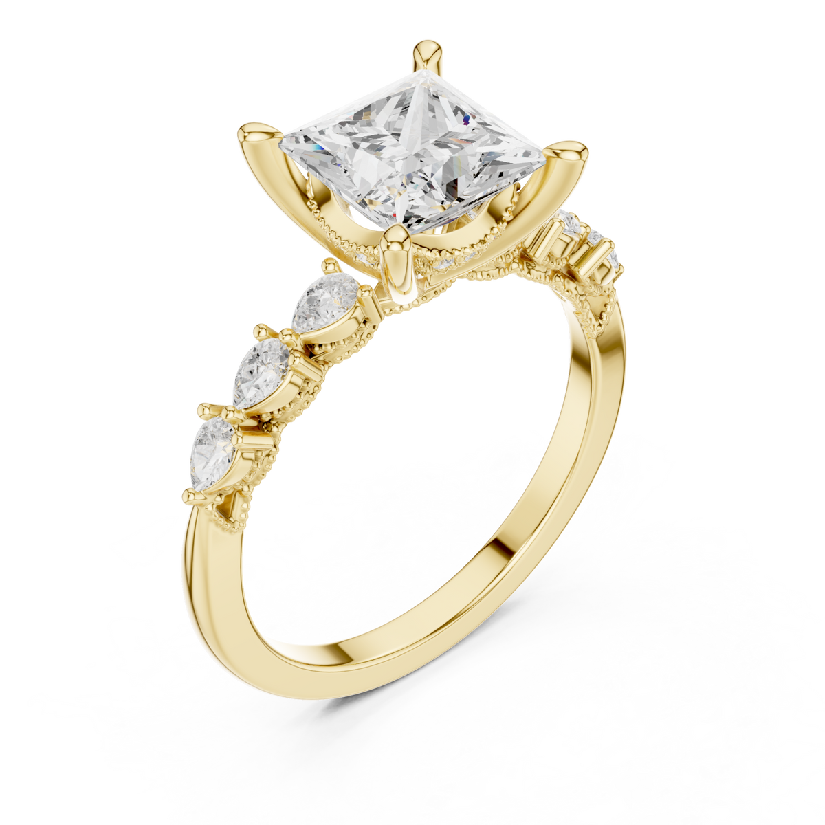 Princess pear accent engagement ring yellow gold angle view