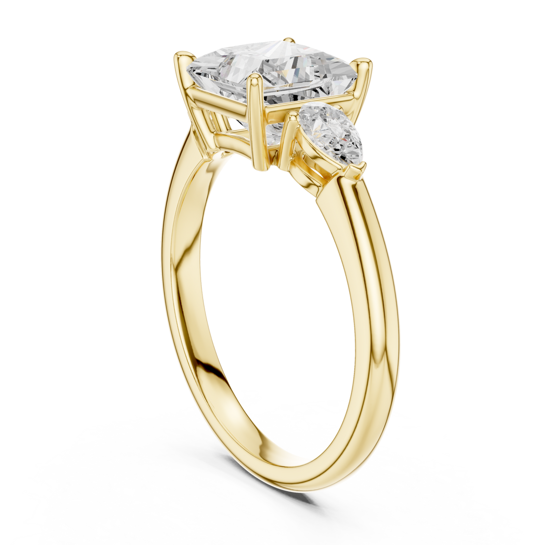 Princess pear side three stone engagement ring yellow gold front view