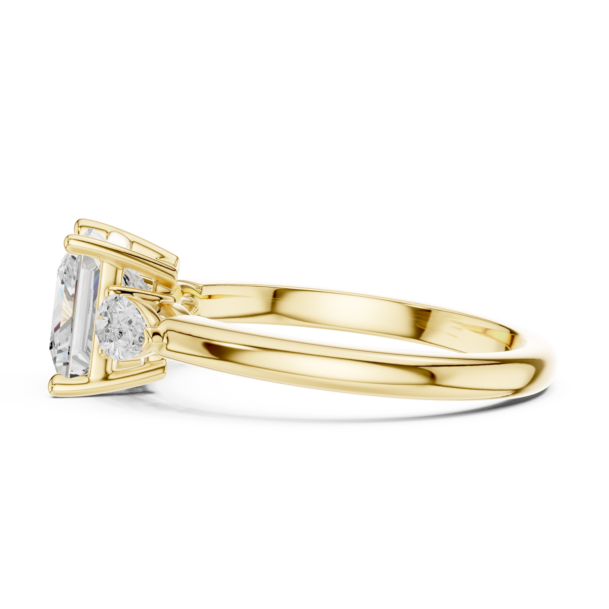 Princess pear side three stone engagement ring yellow gold side view