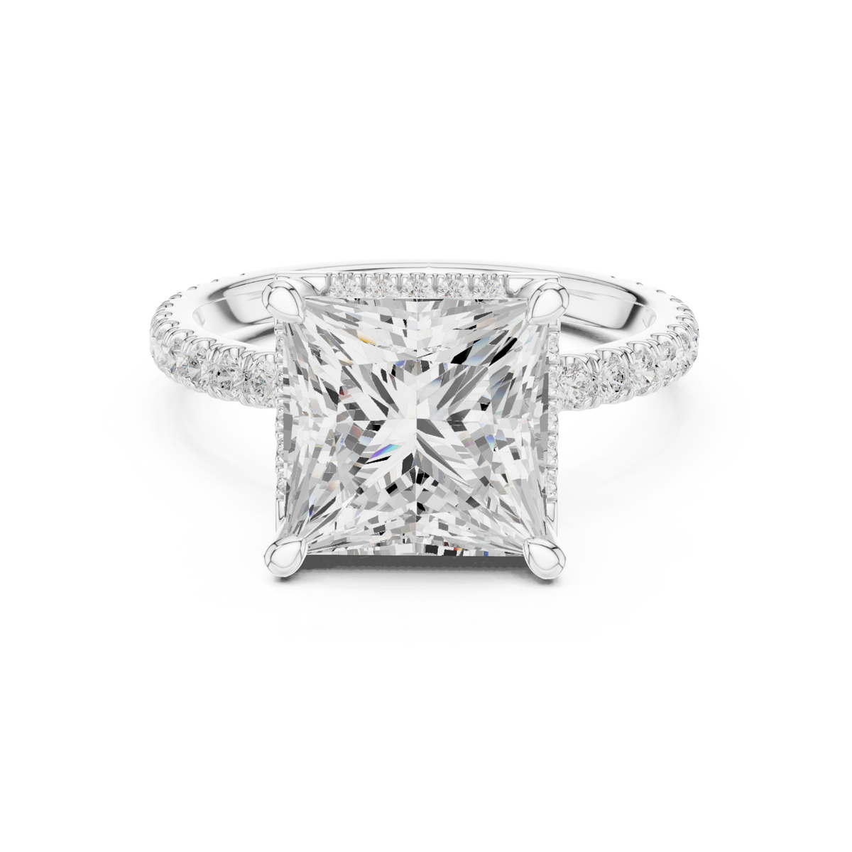 Princess petal-prong hidden halo pave engagement ring white gold detail view