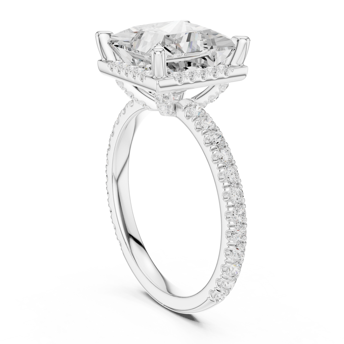 Princess petal-prong hidden halo pave engagement ring white gold front view