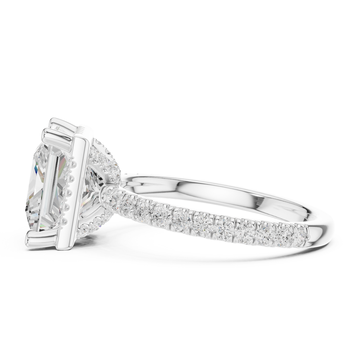 Princess petal-prong hidden halo pave engagement ring white gold side view